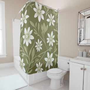 Tropical White Daisies on Olive Green Elegant Shower Curtain