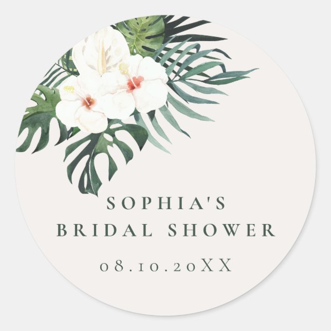 Tropical White Floral Greenery  Classic Round Sticker (Front)
