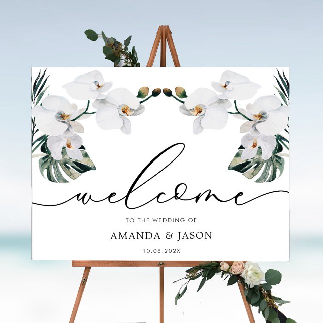Tropical White Floral Orchids Wedding Welcome Sign (Creator Uploaded)
