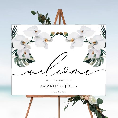 Tropical White Floral Orchids Wedding Welcome Sign