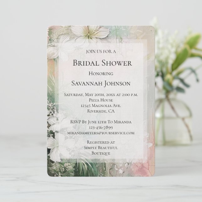 Tropical White Flowers Bridal Shower Invitation (Standing Front)