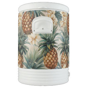 Tropical White Flowers Pineapples Beverage Cooler