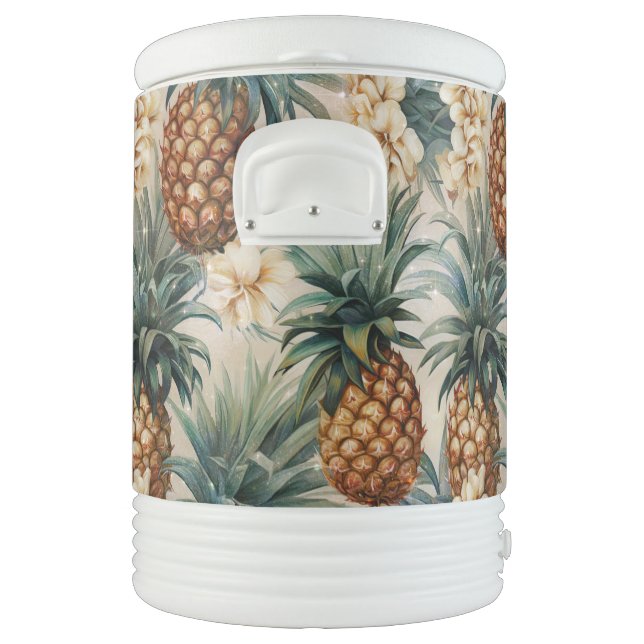 Tropical White Flowers Pineapples Beverage Cooler (Left)
