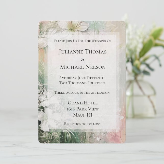 Tropical White Flowers Wedding Invitation (Standing Front)
