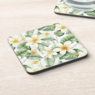 Tropical White Frangipani Flower Patterned Beverage Coaster