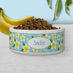 Tropical White Frangipani Flowers & Custom Name Bowl<br><div class="desc">Destei's illustrated frangipani flowers in white and yellow color. The background color is blue. There is also an oval shape banner that has a personalizable text area for the name of the pet.</div>
