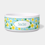 Tropical White Frangipani Flowers & Custom Name Bowl<br><div class="desc">Destei's illustrated frangipani flowers in white and yellow color. The background color is blue. There is also an oval shape banner that has a personalizable text area for the name of the pet.</div>