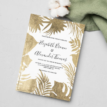Tropical White Gold Leaf Frame Floral Wedding Invitation by kicksdesign at Zazzle