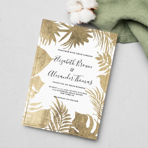Tropical white gold leaf frame floral wedding invitation