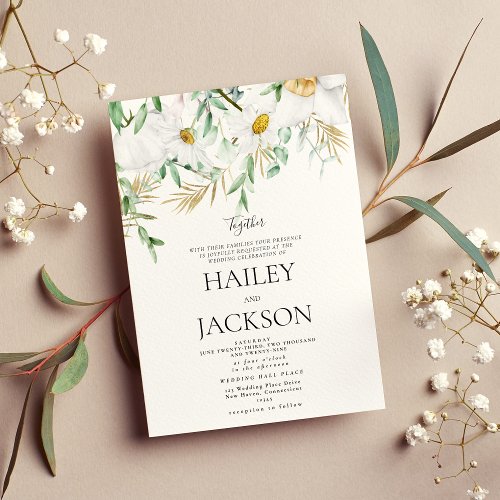 Tropical white gold mint daisies floral wedding invitation