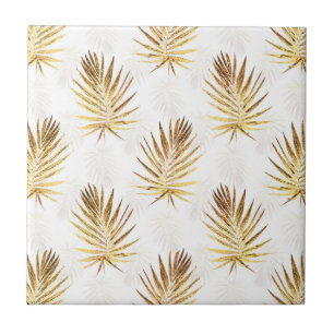 Tropical White Gold Palm Leaves Greenery Ceramic Tile