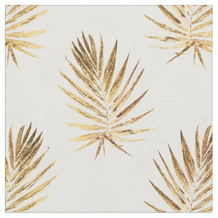 Tropical White Gold Palm Leaves Greenery Fabric
