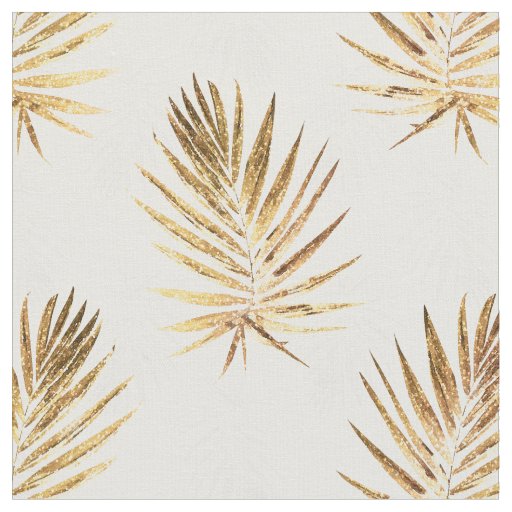 Tropical White Gold Palm Leaves Greenery Fabric