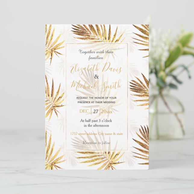 Tropical White Gold Palm Leaves Greenery Invitation (Standing Front)