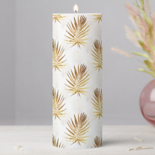 Tropical White Gold Palm Leaves Greenery Pillar Candle