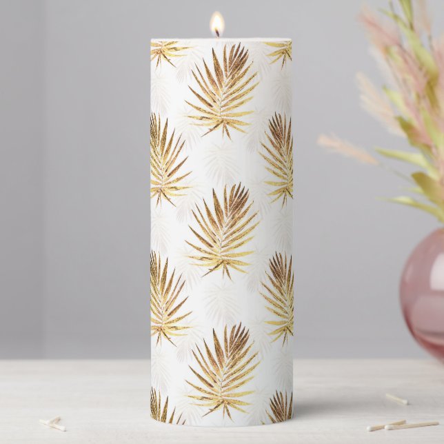 Tropical White Gold Palm Leaves Greenery Pillar Candle (In Situ)