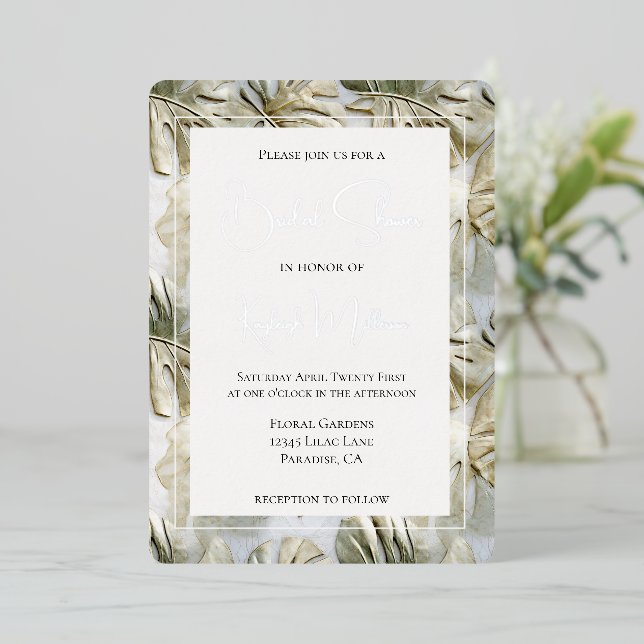 Tropical White Green Gold Leaves Bridal Shower Foil Invitation (Standing Front)
