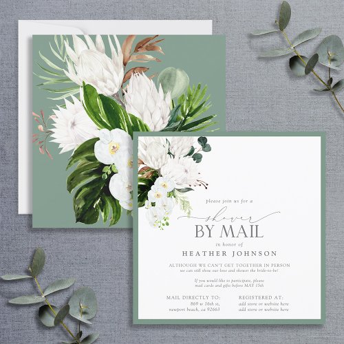 Tropical White  Green Watercolor Shower Mail Invitation