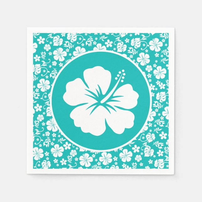 Tropical White Hibiscus on Turquoise Napkins (Front)