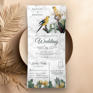Tropical White Marble Yellow Parrot Couple Wedding Tri-Fold Invitation