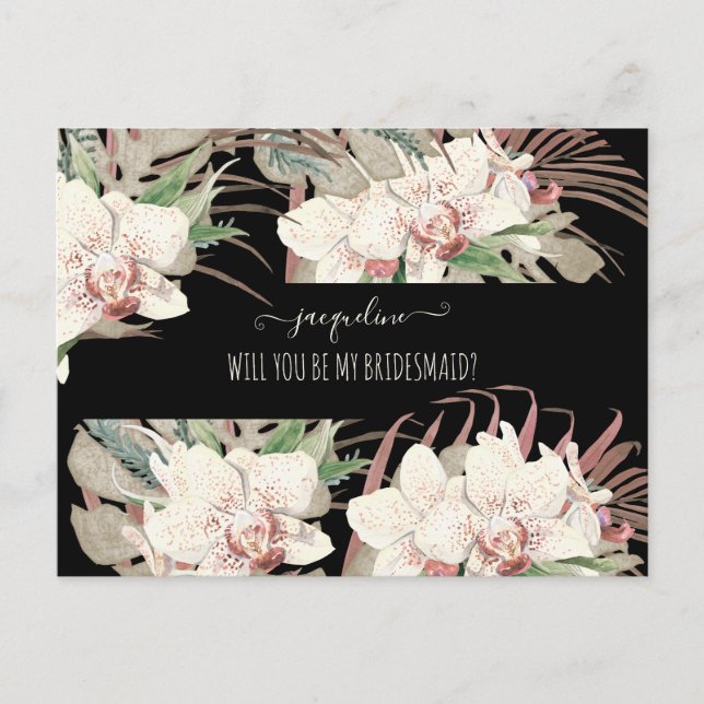 Tropical White Orchid Floral Be my Bridesmaid Postcard (Front)