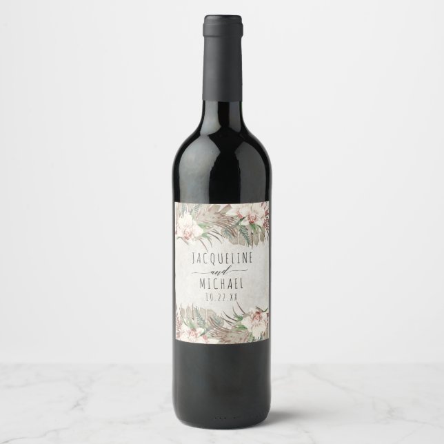 Tropical White Orchid Floral Beach Desert Wedding Wine Label (Front)