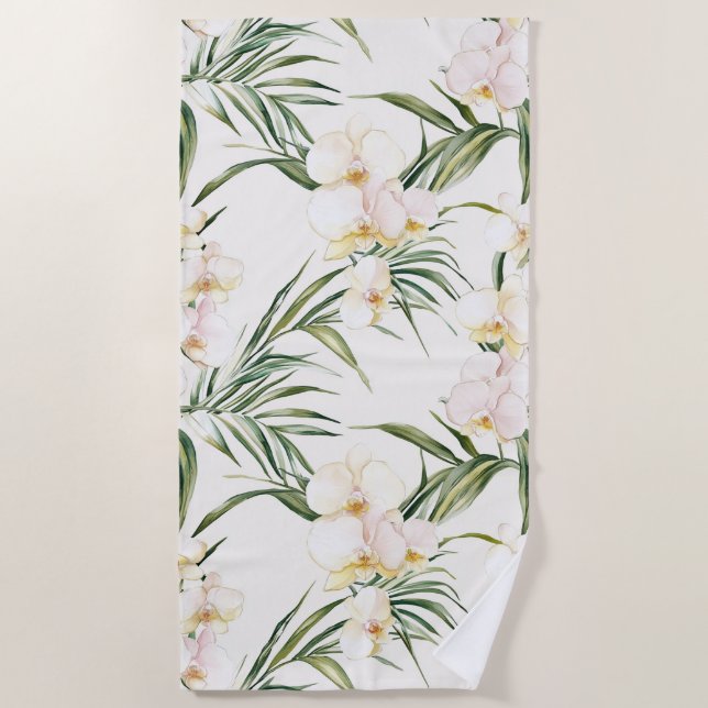 Tropical White Orchid Flowers   Beach Towel (Front)