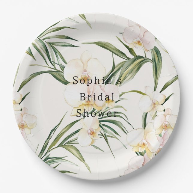 Tropical White Orchid Flowers Bridal Shower Paper Plates (Front)