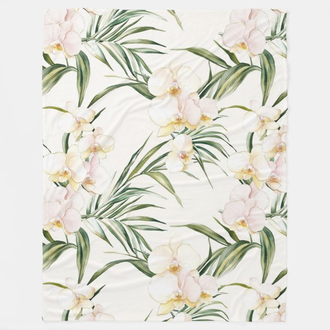 Tropical White Orchid Flowers   Fleece Blanket (Front)