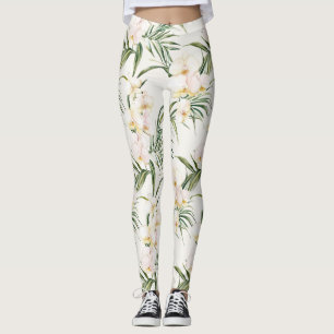 Tropical White Orchid Flowers   Leggings