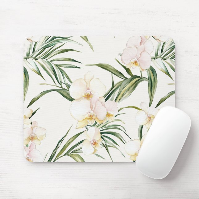 Tropical White Orchid Flowers   Mouse Pad (With Mouse)