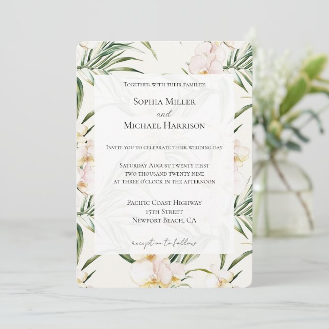 Tropical White Orchid Flowers Wedding Invitation (Standing Front)