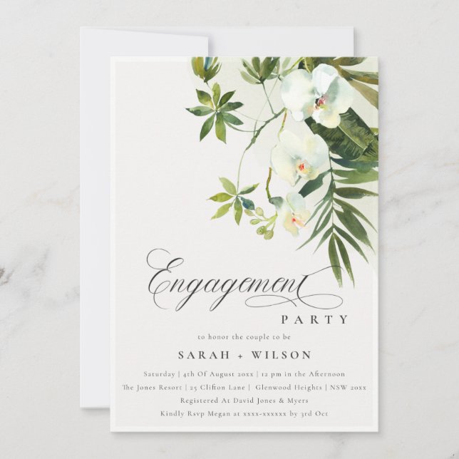 Tropical White Orchid Palm Fauna Engagement Invite (Front)