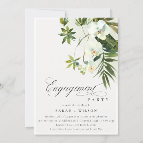 Tropical White Orchid Palm Fauna Engagement Invite