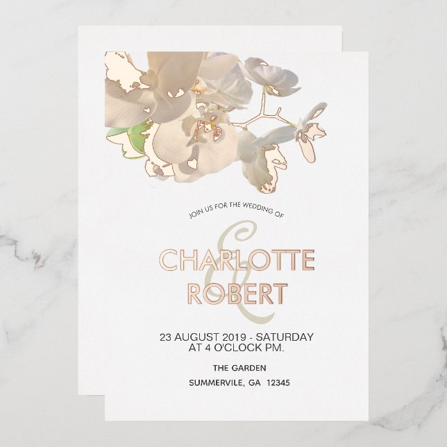 Tropical White Orchids Rose Gold Foil Wedding  Foil Invitation (Front/Back)