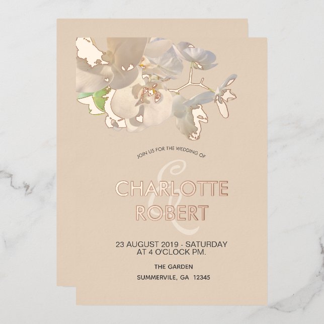 Tropical White Orchids Rose Gold Wedding   Foil Invitation (Front/Back)