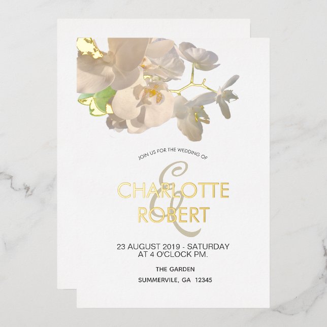 Tropical White Orchids Wedding Gold Foil Foil Invitation (Front/Back)