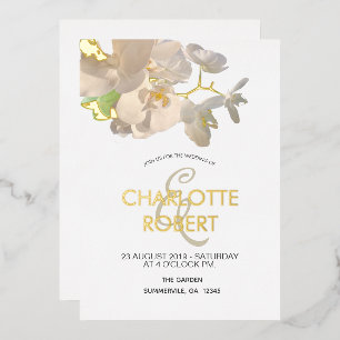 Tropical White Orchids Wedding Gold Foil Invitation