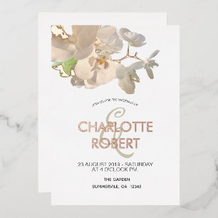 Tropical White Orchids Wedding Rose Gold Foil Invitation