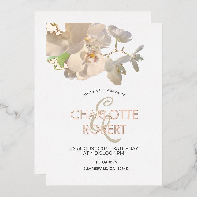 Tropical White Orchids Wedding Rose Gold Foil Invitation (Front/Back)
