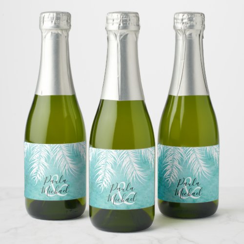 Tropical White Palm Fronds on Turquoise Mini Sparkling Wine Label