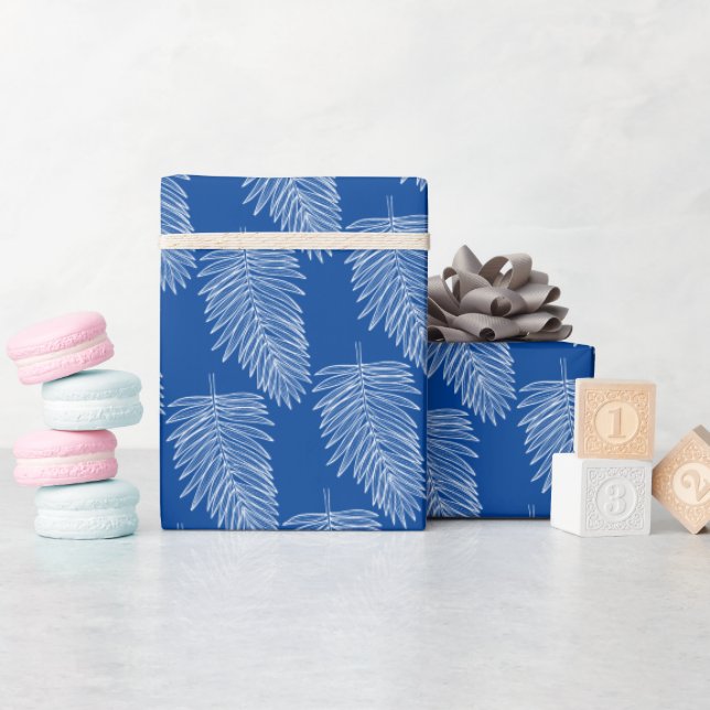 Tropical White Palm Leaves, Blue Wrapping Paper (Baby Shower)