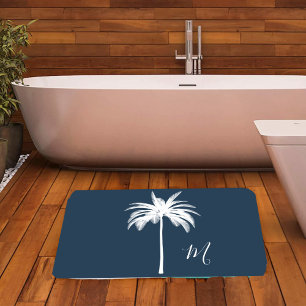 Tropical White Palm Tree Elegant Monogram Bath Mat