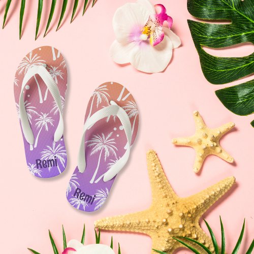 Tropical White Palm Tree Orange and Purple Custom Kids Flip Flops