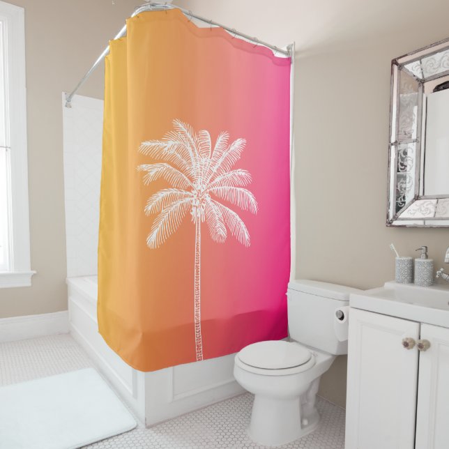 Tropical White palm tree sunset Shower Curtain (In Situ)