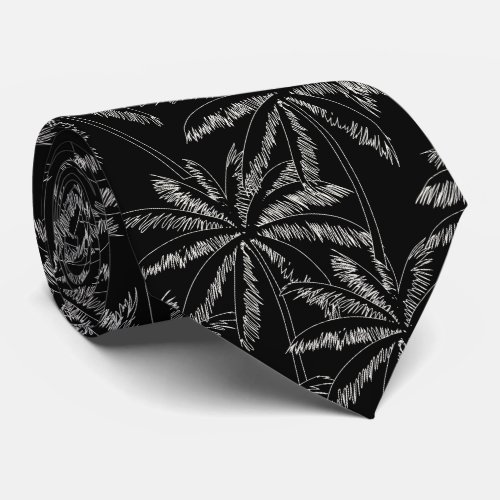 Tropical White Palm Trees on Black Background Neck Tie