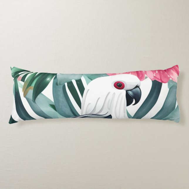 Tropical White Parrot Bird Pattern  Body Pillow (Front)