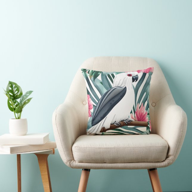 Tropical White Parrot Bird Pattern Throw Pillow (Chair)