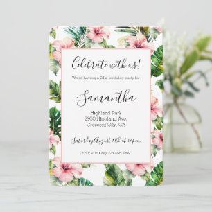 Tropical White Pink Hibiscus Floral Birthday Invitation