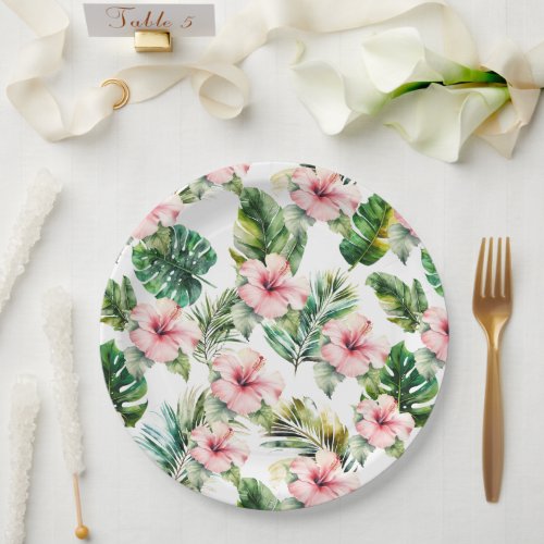 Tropical White Pink Hibiscus Flowers Wedding Paper Plates